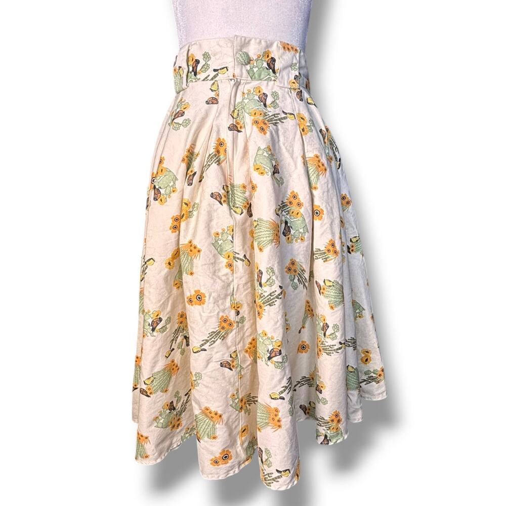 Voodoo Vixen Cactus Bird Print Flowing Midi Skirt Retro Rockabilly Pinup - Picture 4 of 9